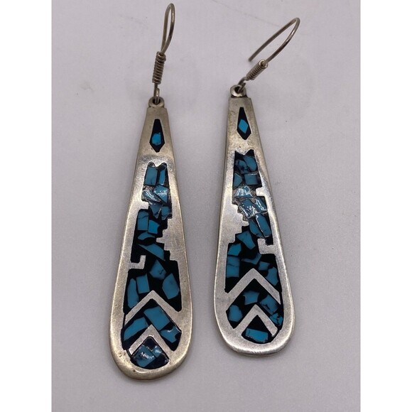 Vintage Mexico Sterling Silver Inlaid Turquoise Large Teardrop Dangle Earrings - Picture 1 of 10